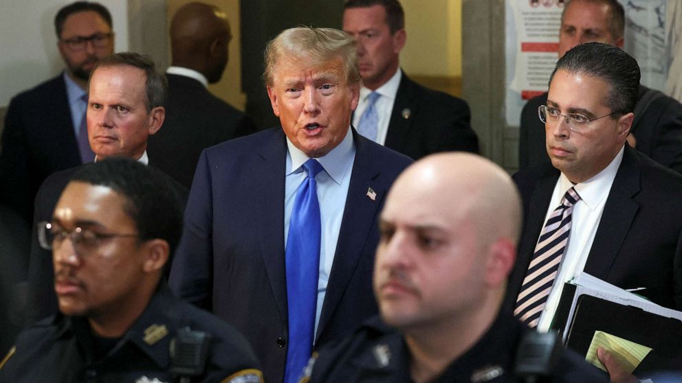 PHOTO: Former President Donald Trump speaks at a Manhattan courthouse, where he attends the trial of himself, his adult sons, the Trump Organization and others in a civil fraud case brought by state Attorney General Letitia James, in New York City, Oct. 2