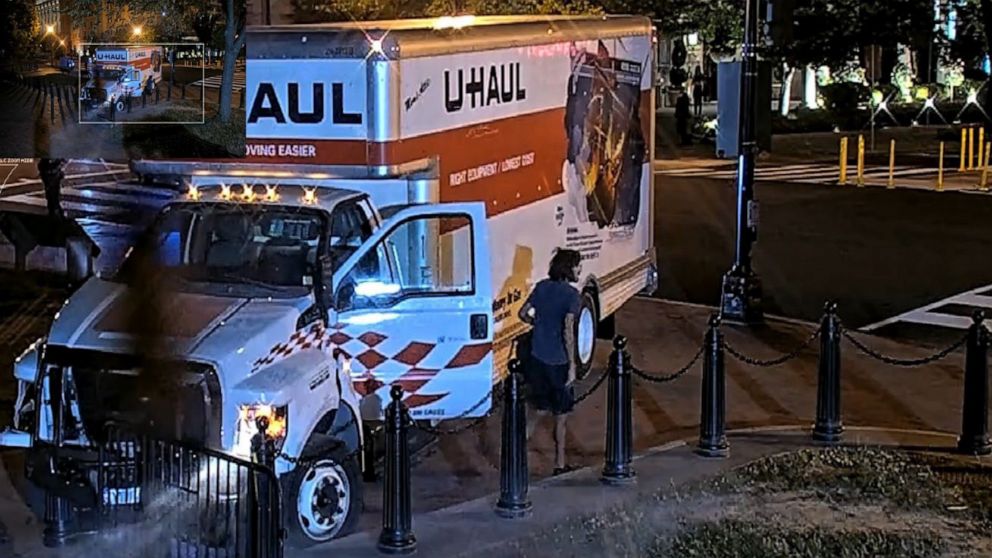 PHOTO: An image from court documents shows the suspect exiting the rental truck that crashed into security barriers at Lafayette Park across from the White House in Washington, D.C., May 23, 2023.