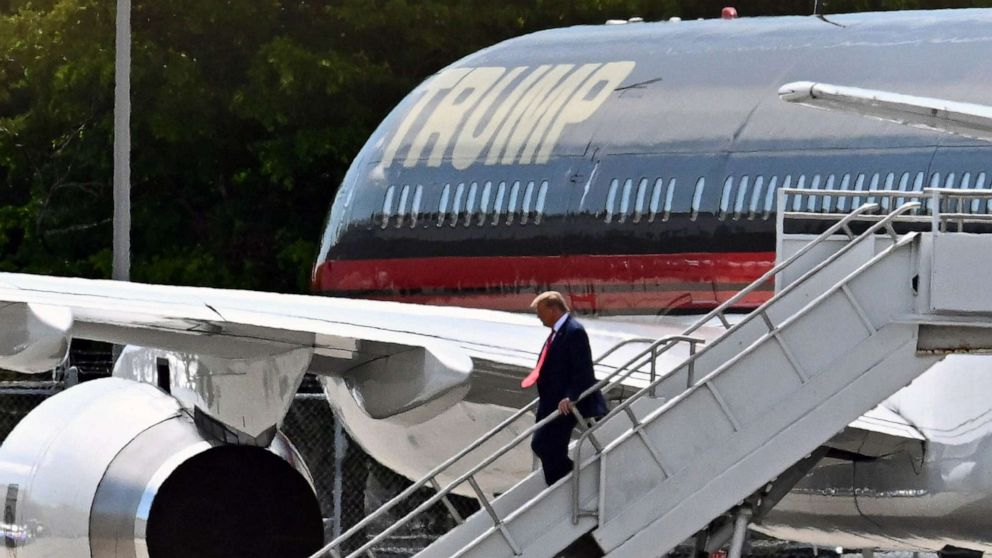 PHOTO: Former President Donald Trump disembarks "Trump Force One" at Miami International Airport in Miami, June 12, 2023.