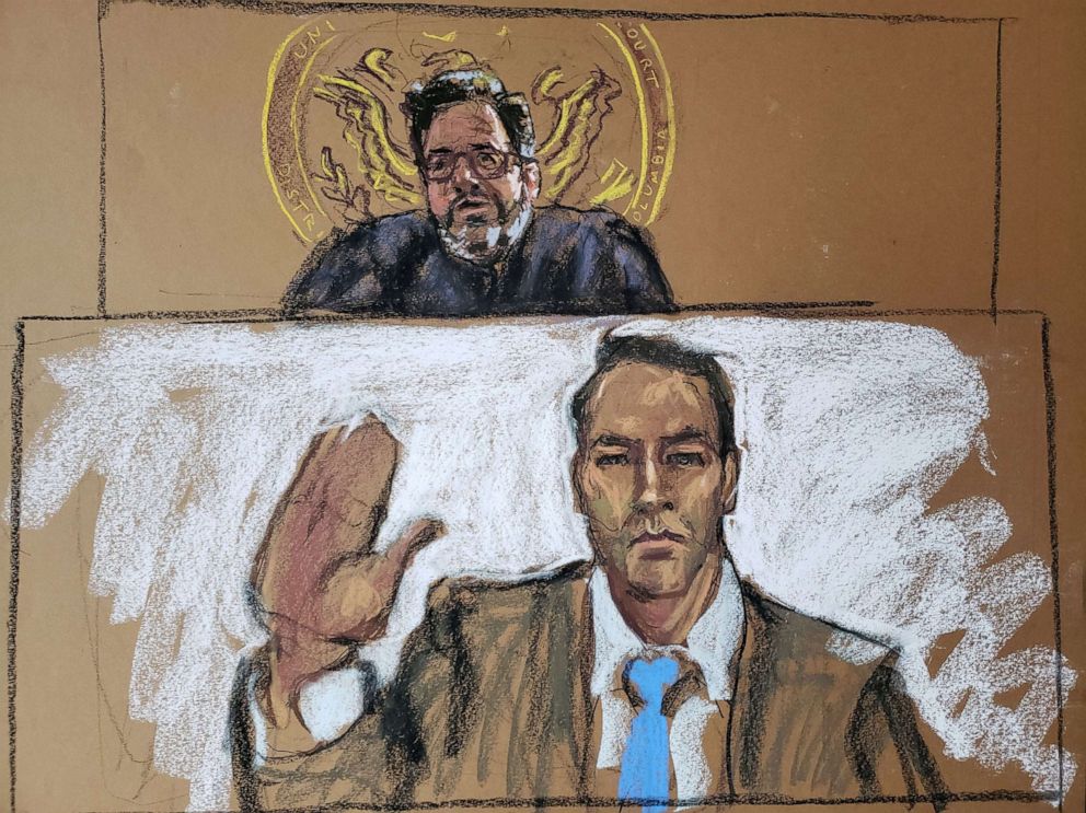 PHOTO: A courtroom sketch depicts U.S. Olympic swimmer Klete Keller during a virtual hearing before Magistrate Judge G. Michael Harvey in a District of Columbia court, Jan. 22, 2021, on charges related to the Jan. 6, 2021 storming of the U.S. Capitol.