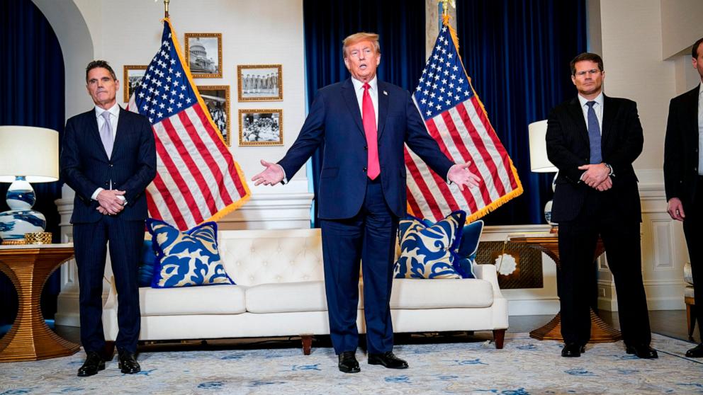 PHOTO: Former president Donald Trump speaks to the media at Waldorf Astoria following his appearance at U.S. District Court in Washington, D.C.,  Jan. 9, 2024. 