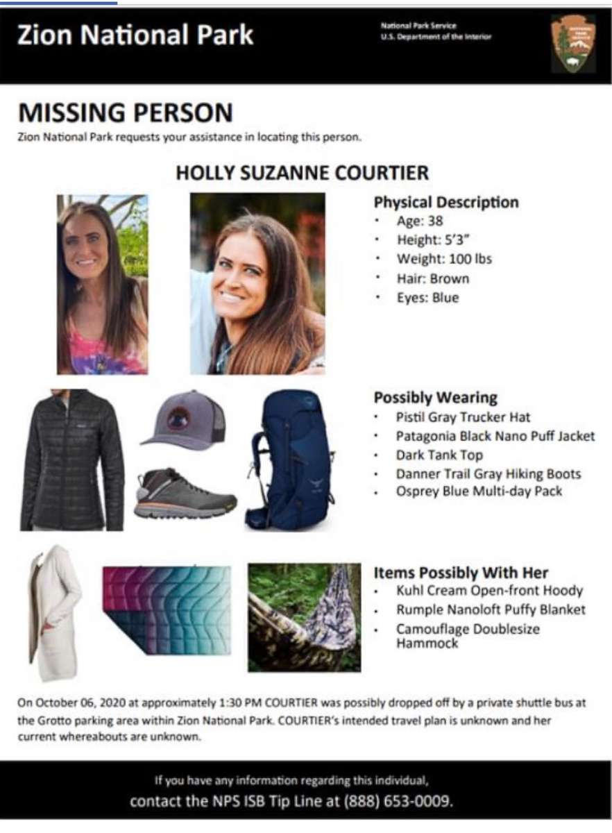 PHOTO: A flyer posted to Zion National Park's Twitter account includes information regarding the search for Holly Courtier, who was last seen in Oct. 6 on Zion National Park, Utah.