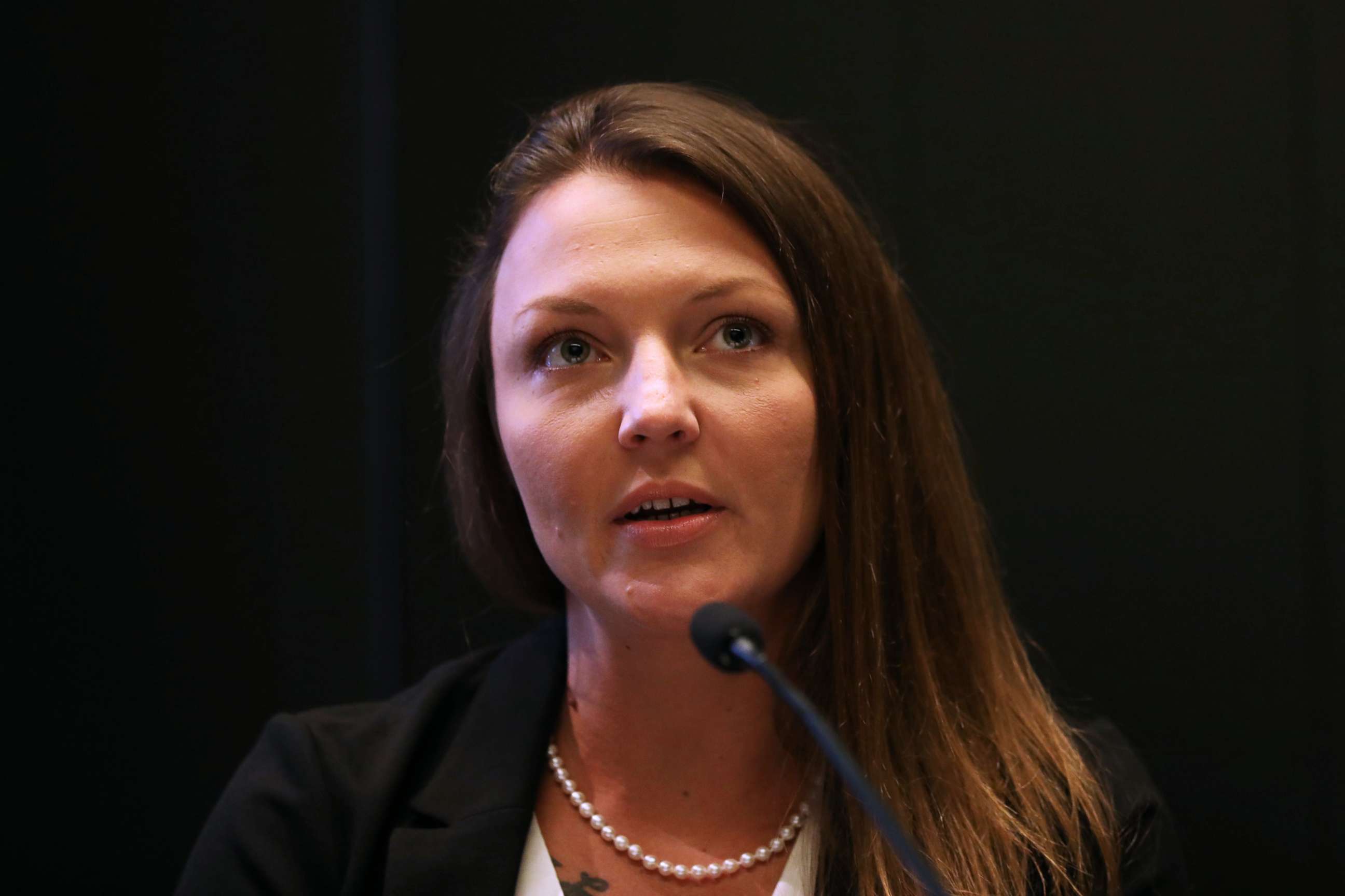 PHOTO: Courtney Wild, who claims she was abused by Jeffrey Epstein when she was a minor, speaks at a news conference with her legal team July 16, 2019 in New York City.