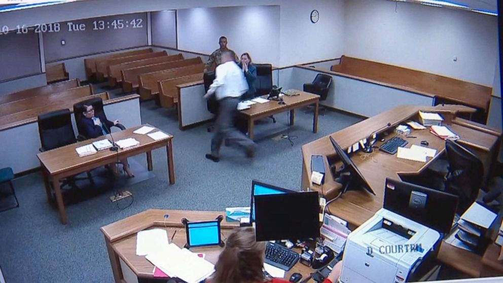PHOTO: In surveillance video, Judge R.W. Buzzard can be seen chasing after Tanner Jacobson and Kodey Howard as they attempt to flee the courtroom, Oct. 16, 2018, in Lewis County, Wash.