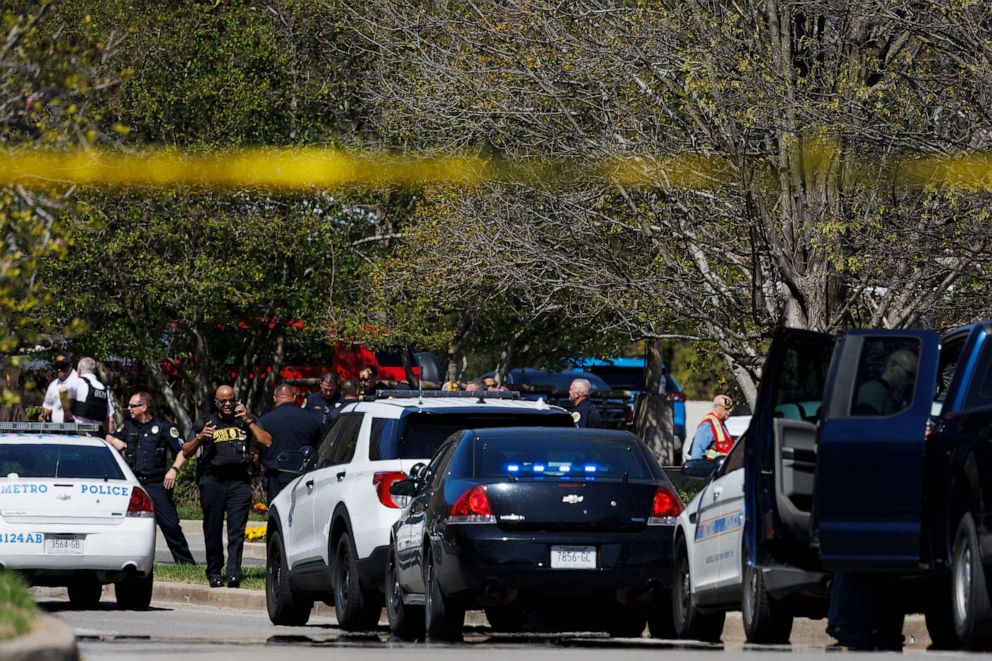 PHOTO: Police work near the scene of a mass shooting at the Covenant School, March 27, 2023, in Nashville, Tenn.