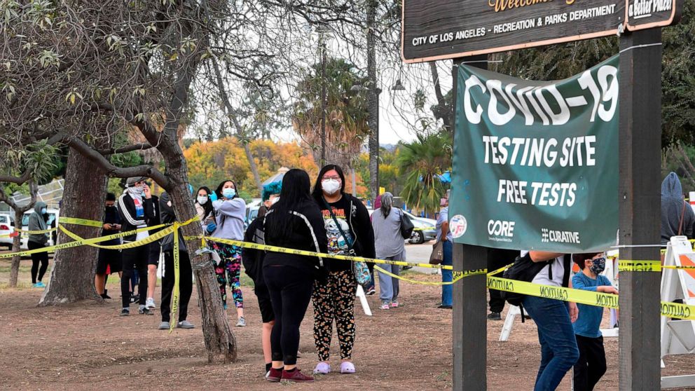 PHOTO: People wait in line at a COVID-19 testing center despite the Stay-At-Home regulation underway in Los Angeles, Dec. 8, 2020.