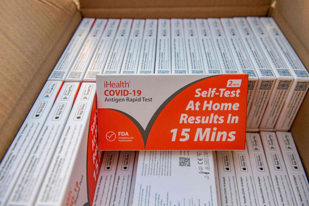 PHOTO: Rapid at-home COVID-19 test kits are ready to be distributed at the Chelsea Community Connections in Chelsea, Mass., Dec. 17, 2021. 