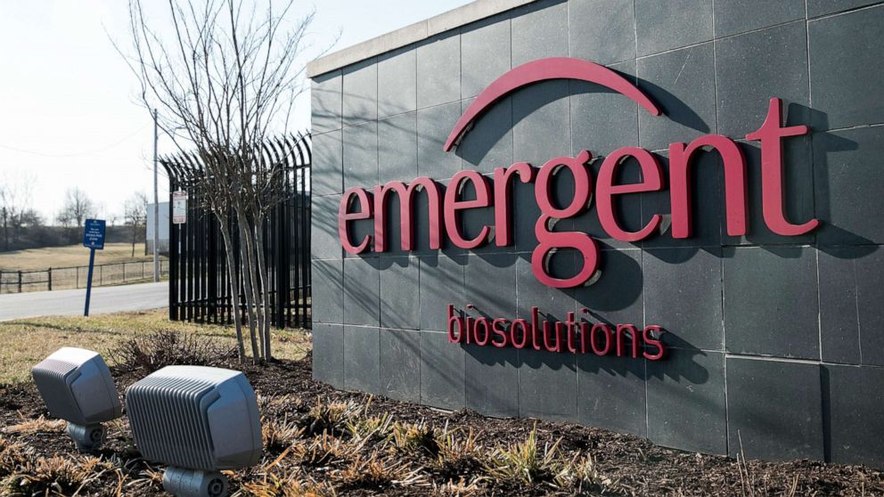 PHOTO: A logo sign marks the entrance of a facility occupied by Emergent BioSolutions in Baltimore, Md.,Feb. 22, 2020.