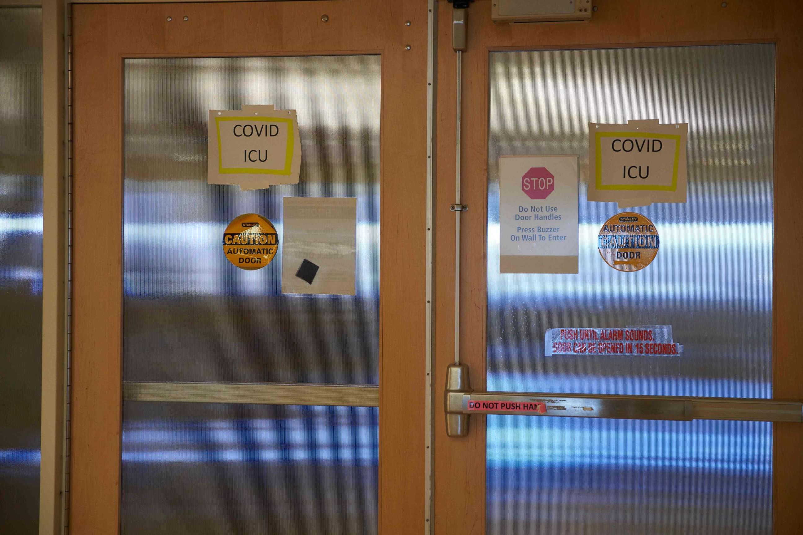 PHOTO: Doors lead to the Covid-19 ICU unit at UMass Memorial Hospital in Worcester, Mass., Dec. 4, 2020.