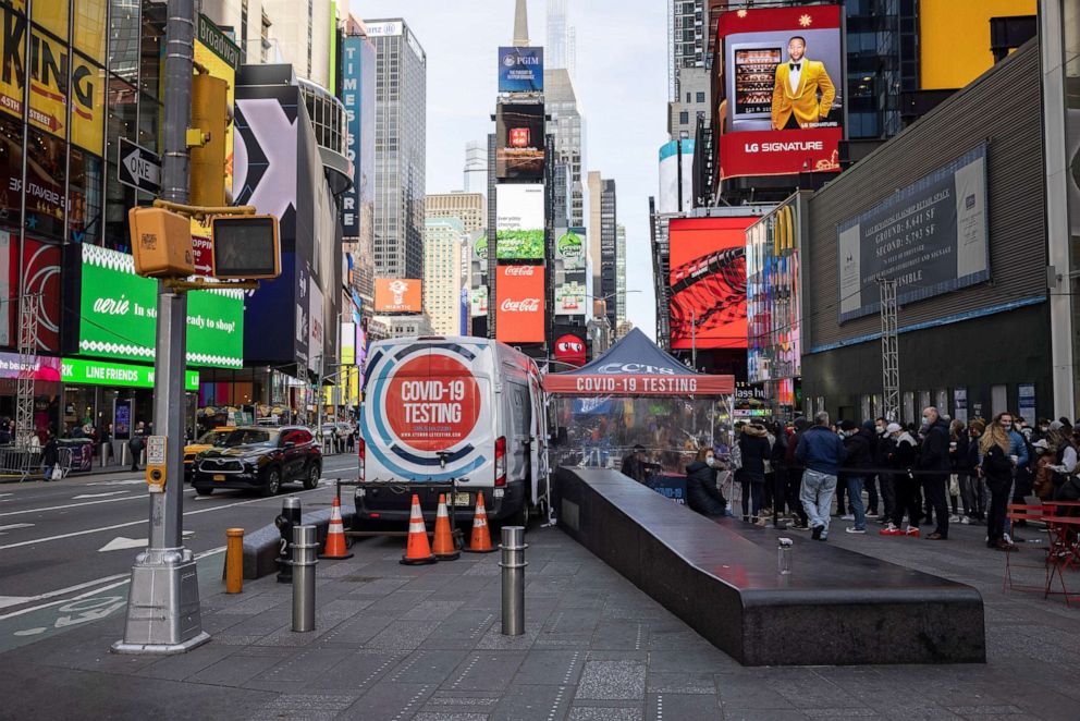 PHOTO:A COVID-19 mobile testing site is seen in Times Square, Dec. 17, 2021, in New York. 