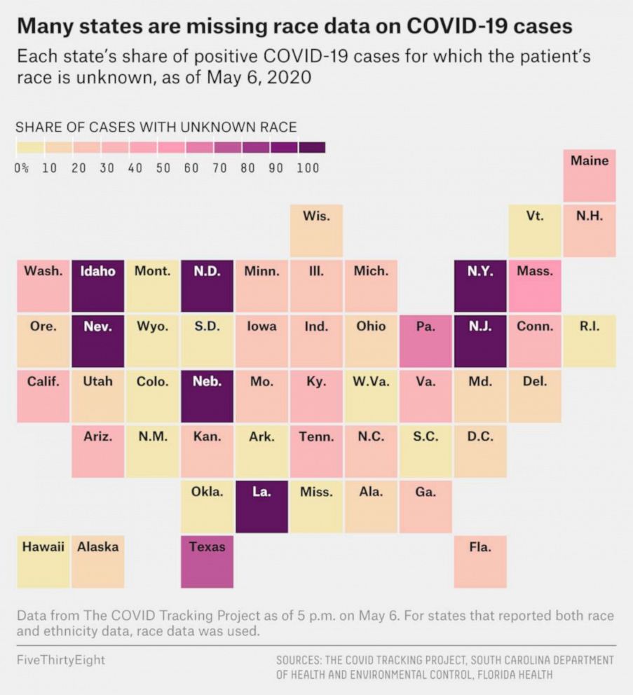 PHOTO: Each state's share of positive COVID-19 cases for which the patient’s race is unknown, as of May 6, 2020.