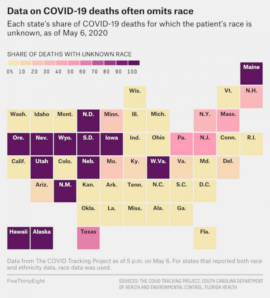 PHOTO: Each state's share of COVID-19 deaths for which the patient’s race is unknown, as of May 6, 2020.