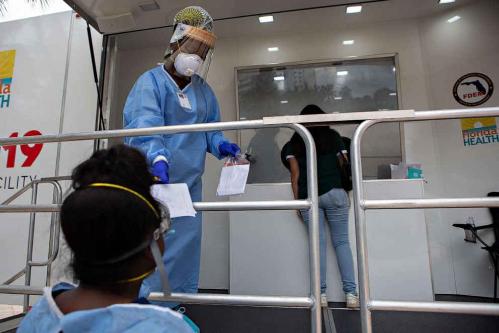 PHOTO: A person receives a swab test at a COVID-19 mobile testing site in Miami Beach, Aug. 5, 2020.