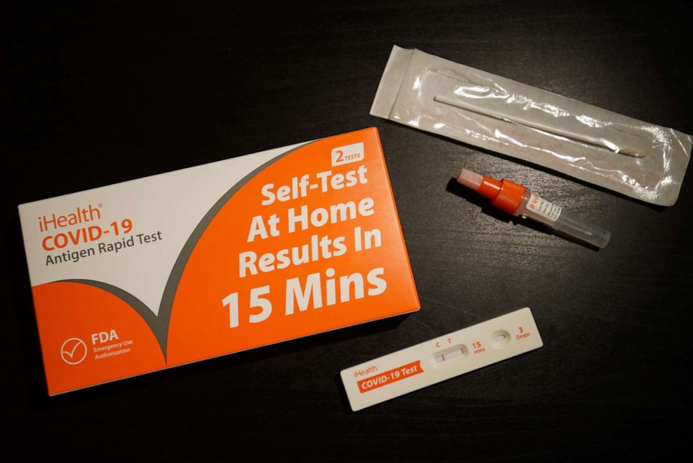 PHOTO: In this Jan. 7, 2022, file photo, a COVID-19 self-test package is seen displayed on a table.