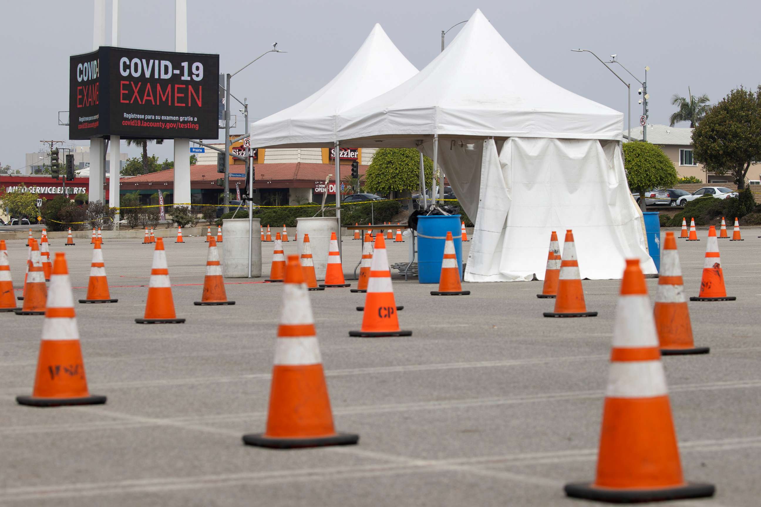 PHOTO: A drive-in COVID-19 testing center sits empty and abandoned as Los Angeles reports spike in positive tests amid the coronavirus disease (COVID-19) outbreak in Ingelwood, Calif., June 23, 2020.