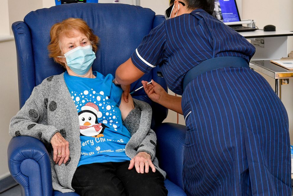 PHOTO: Margaret Keenan, 90, is the first patient in Britain to receive the Pfizer/BioNtech COVID-19 vaccine at University Hospital in Coventry, Dec. 8. 2020.