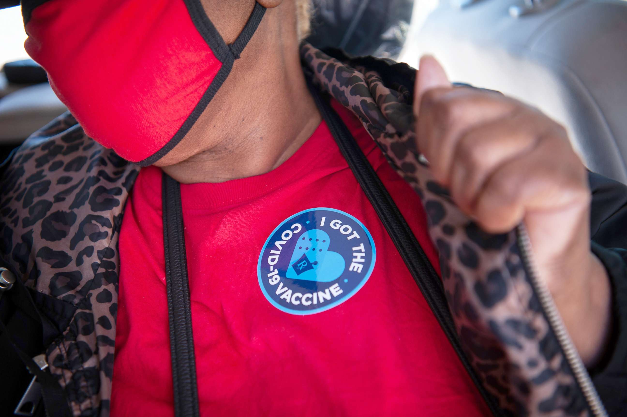 PHOTO: A person displays a sticker after receiving a dose of the Moderna Covid-19 vaccine at a medical clinic in Ruleville, Miss., March 4, 2021. 
