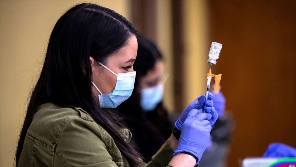 PHOTO:Nurses prepare doses of Covid-19 vaccine at a pop-up vaccination clinic at the St. Bernadette Catholic Church during the coronavirus pandemic in Los Angeles, Feb. 4, 2022.