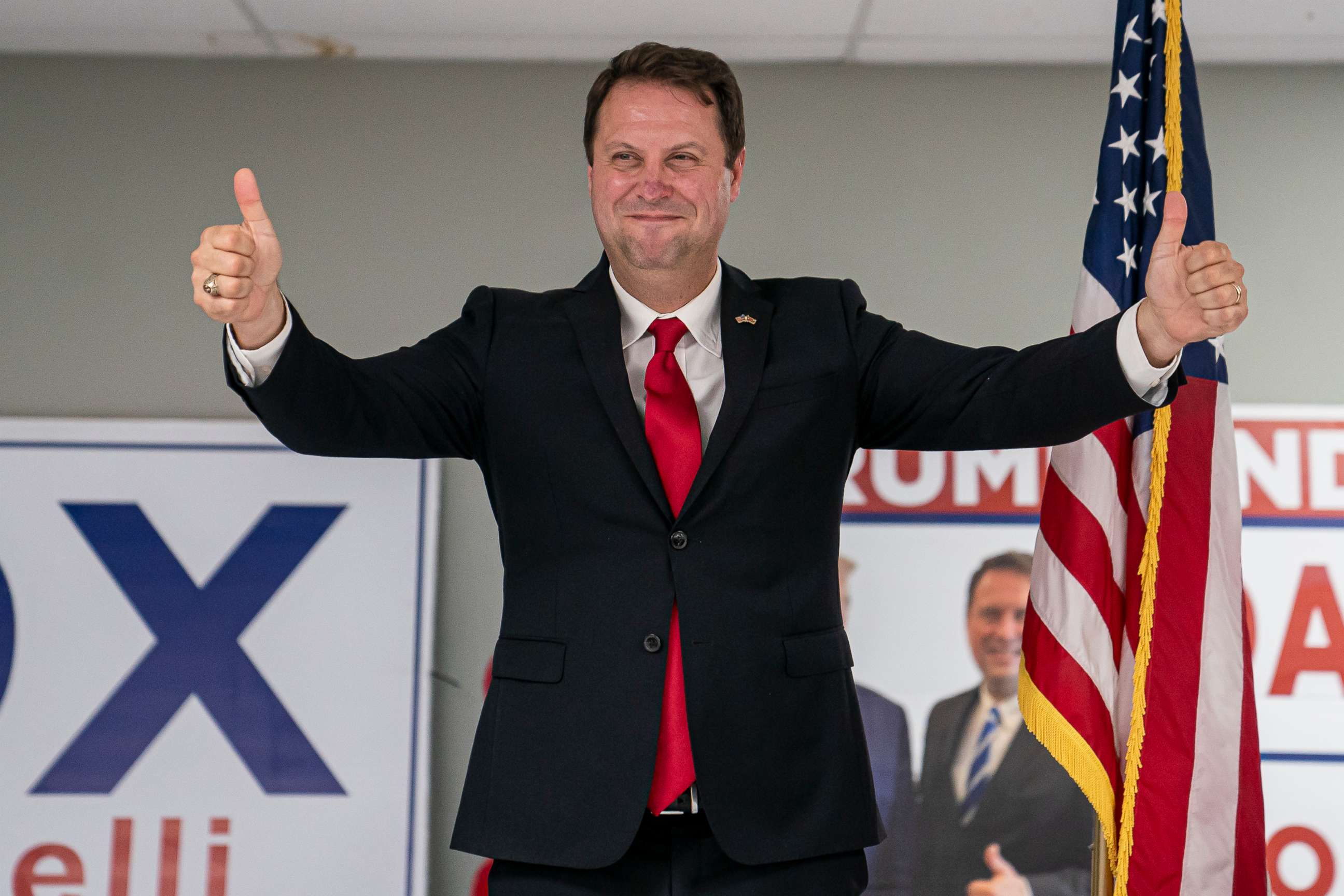 PHOTO: Dan Cox, a candidate for the Republican gubernatorial nomination, reacts to his primary win, July 19, 2022, in Emmitsburg, Md.