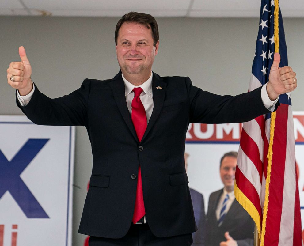 PHOTO: Dan Cox, a candidate for the Republican gubernatorial nomination, reacts to his primary win, July 19, 2022, in Emmitsburg, Md.