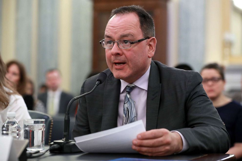 PHOTO: Figureskater Craig Maurizi recounts his sexual abuse at the hands of his coach when he was 13 years old while testifying on Capitol Hill, April 18, 2018, in Washington.