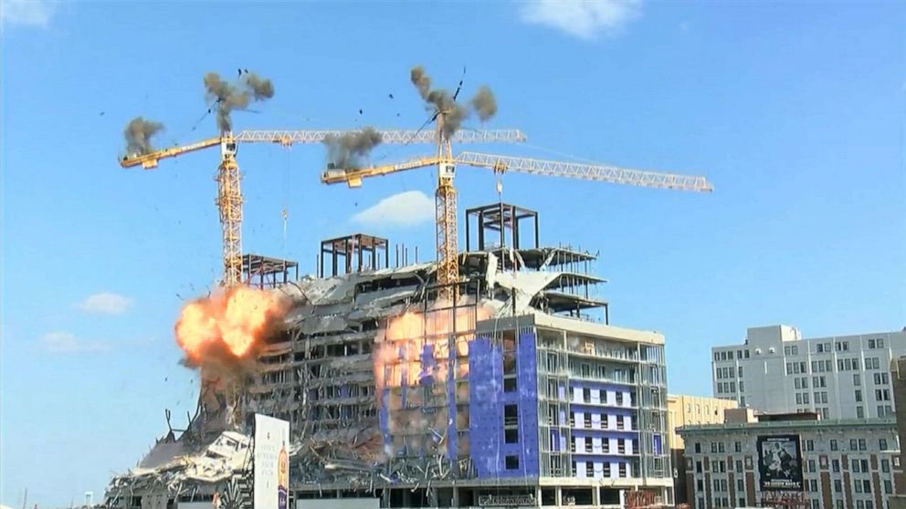 PHOTO: A controlled demolition brought down one of the cranes standing atop the Hard Rock Hotel in New Orleans, Oct. 20, 2019.