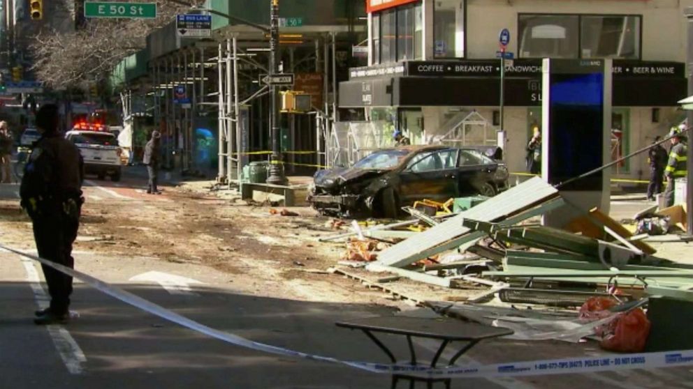 PHOTO: A crash sent a car barreling into an outdoor dining area in New York City, March 5, 2021