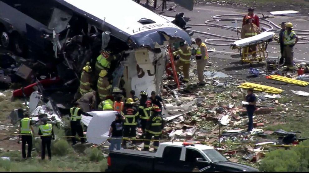 PHOTO: A bus and semi-truck crashed into each other on Interstate 40 in Thoreau, N.M., Aug. 30, 2018.