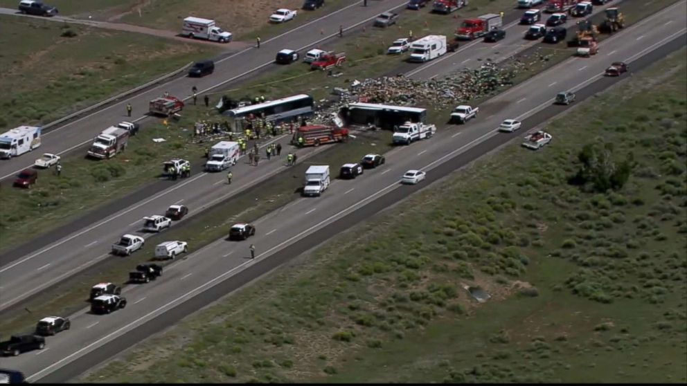 PHOTO: A bus and semi-truck crashed into each other on Interstate 40 in Thoreau, N.M., Aug. 30, 2018.