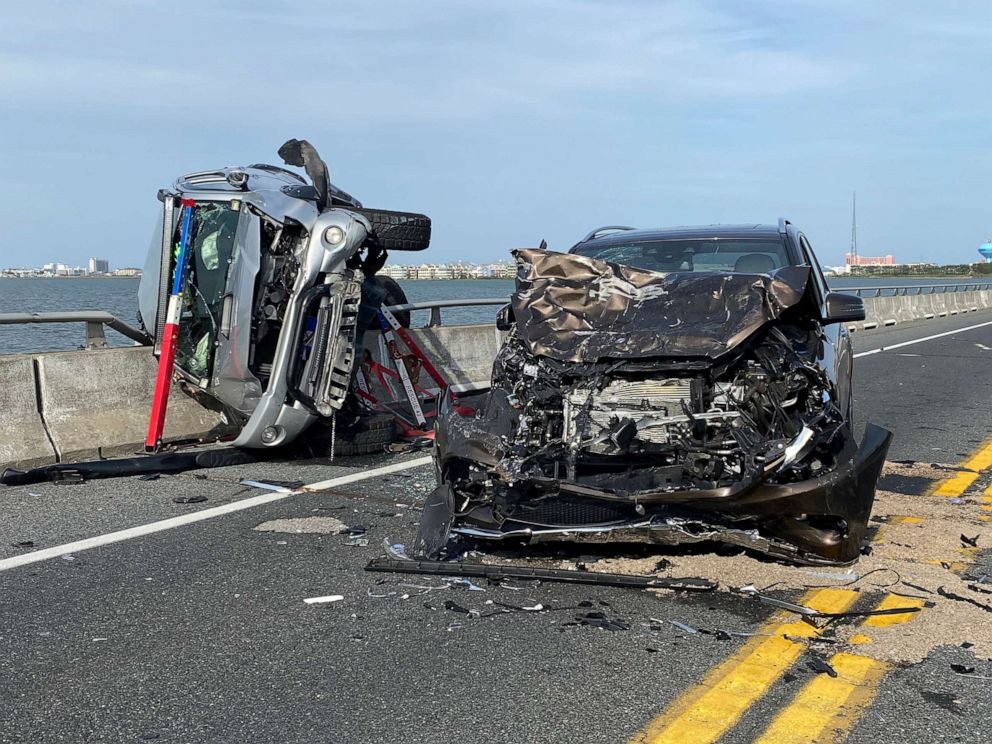 PHOTO: Wreckage from a car accident on the Route 90 bridge in Ocean City, Md., May 2, 2021.
