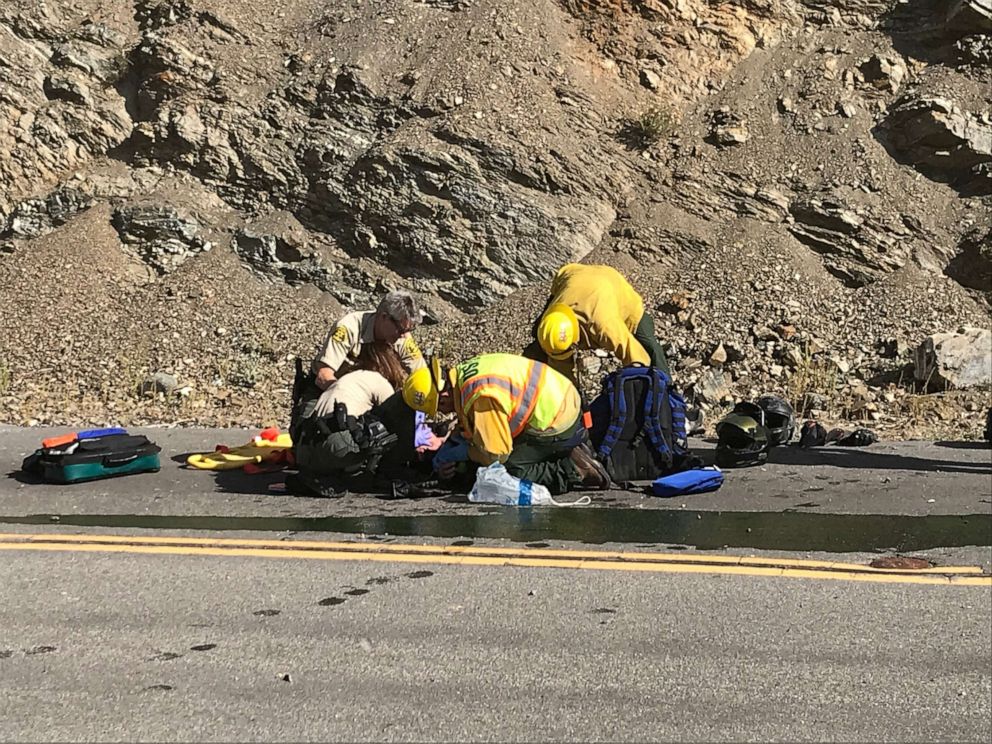 PHOTO: Los Angeles County reserves respond to a motorcyclist down on a windy mountain road.