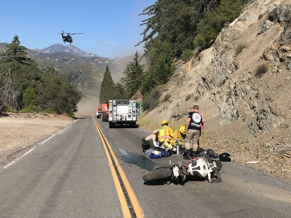 PHOTO: Los Angeles County reserves respond to a motorcyclist down on a windy mountain road.