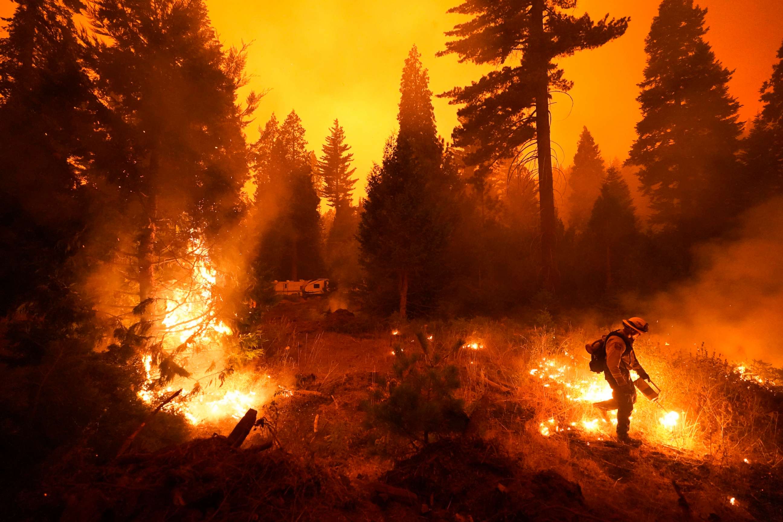 PHOTO: Firefighter Ricardo Gomez, of a San Benito Monterey Cal Fire crew, sets a controlled burn with a drip torch while fighting the Creek Fire, Sept. 6, 2020, in Shaver Lake, Calif.