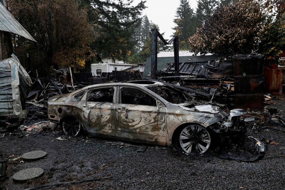 PHOTO: A car sits among the remains of Bill Kesselring's,72, home in the aftermath of the Beachie Creek Fire near Gates, Oregon, Sept. 18, 2020.