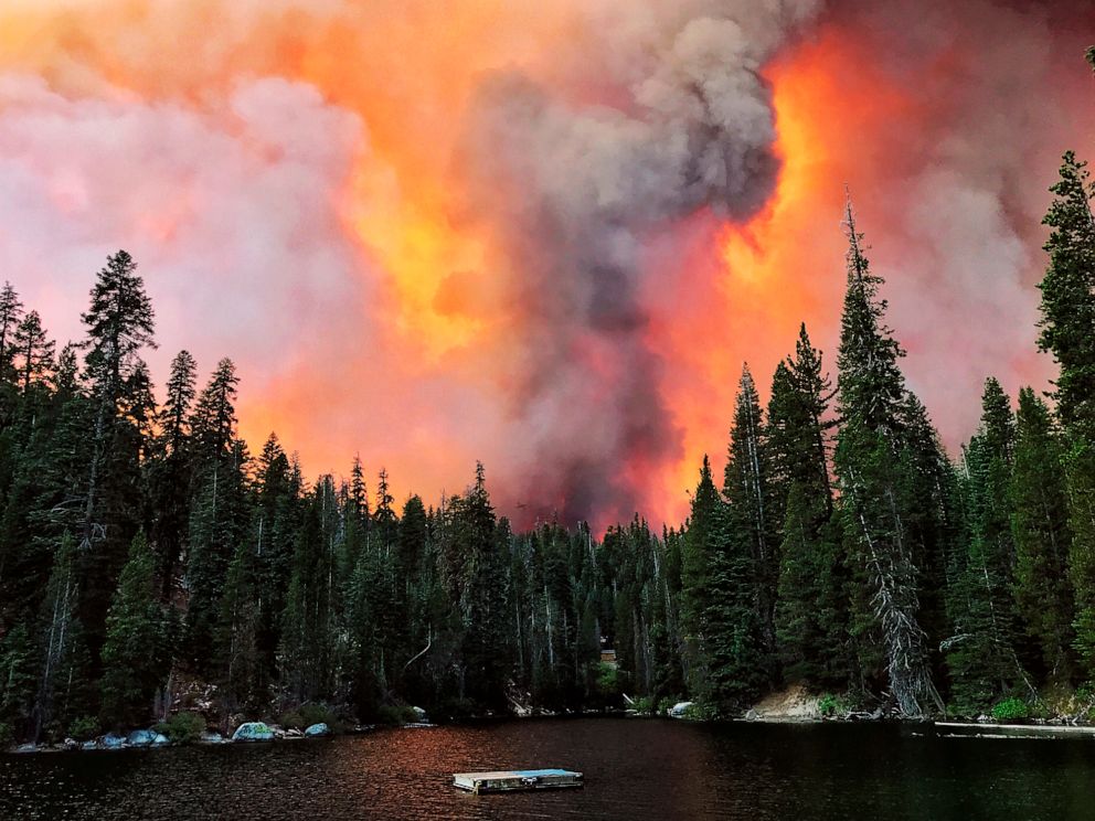 PHOTO: Smoke from the Creek Fire billows beyond a ridge as seen from Huntington Lake, California, on Sept. 5, 2020.