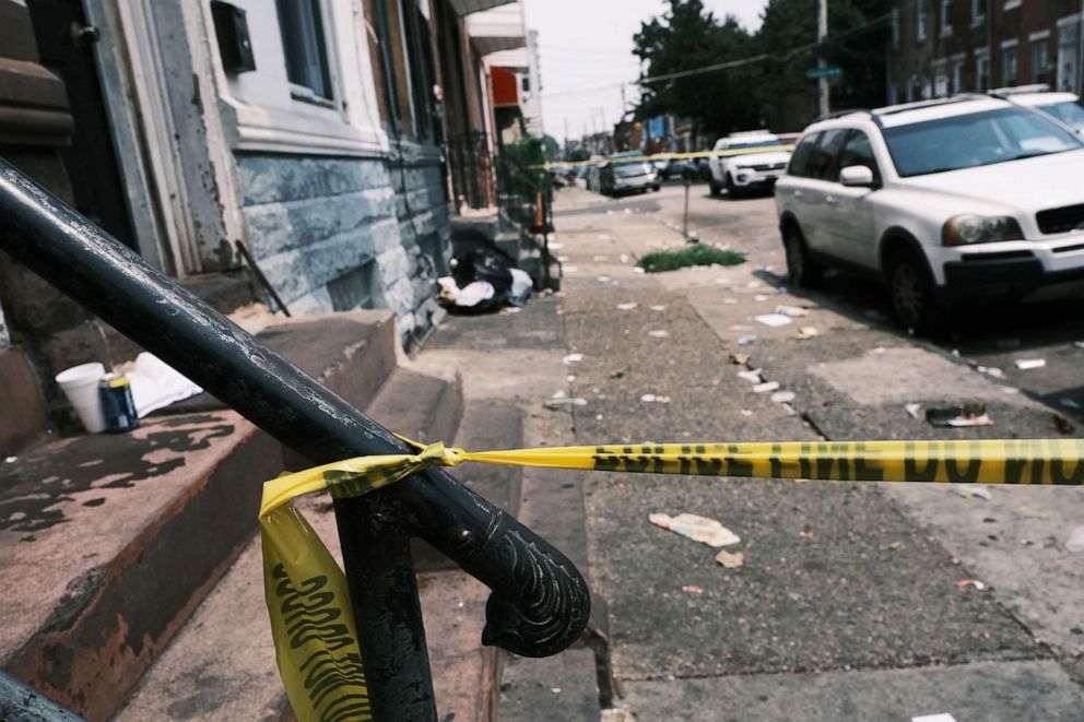 PHOTO: In this July 19, 2021, file photo, police tape blocks a street where a person was recently shot in a drug related incident in Philadelphia.