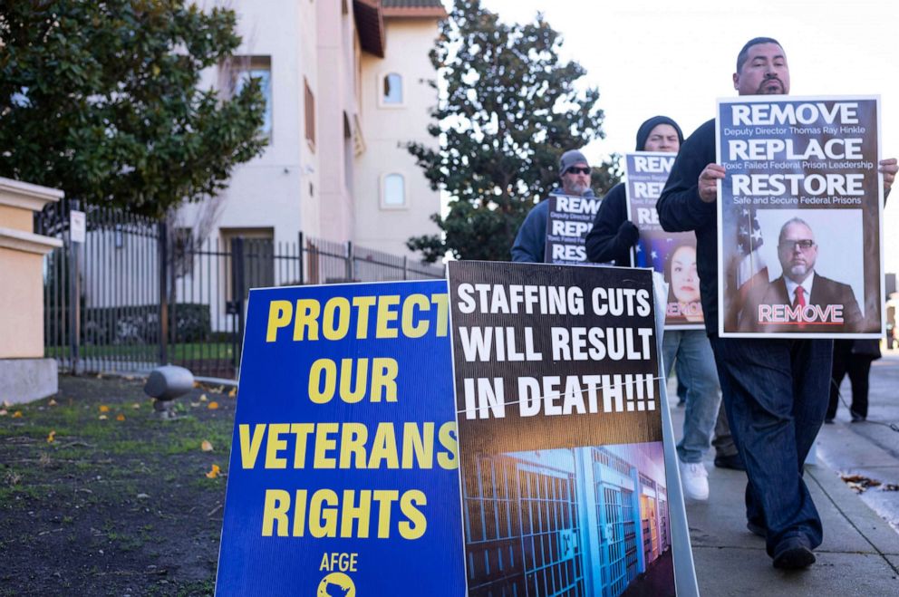 PHOTO: Federal correctional officers protest in response to an AP investigation that exposed how the Bureau of Prisons repeatedly promoted an official who was accused of beating several Black inmates, on Dec. 12, 2022, in Stockton, Calif.