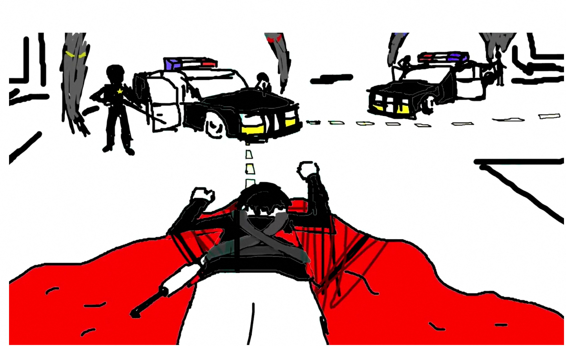 A drawing of a person lying in blood is seen in this still image taken from a video uploaded by Robert E. Crimo III, a suspect in the mass shooting that took place at a Fourth of July parade route in the Chicago suburb of Highland Park, Ill.