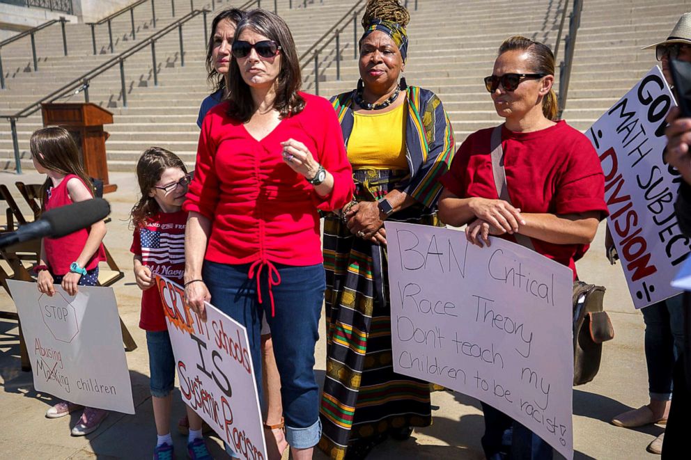 PHOTO: Monica Wilbur expresses her opposition to critical race theory at the State Captiol in Salt Lake City, May 19, 2021.