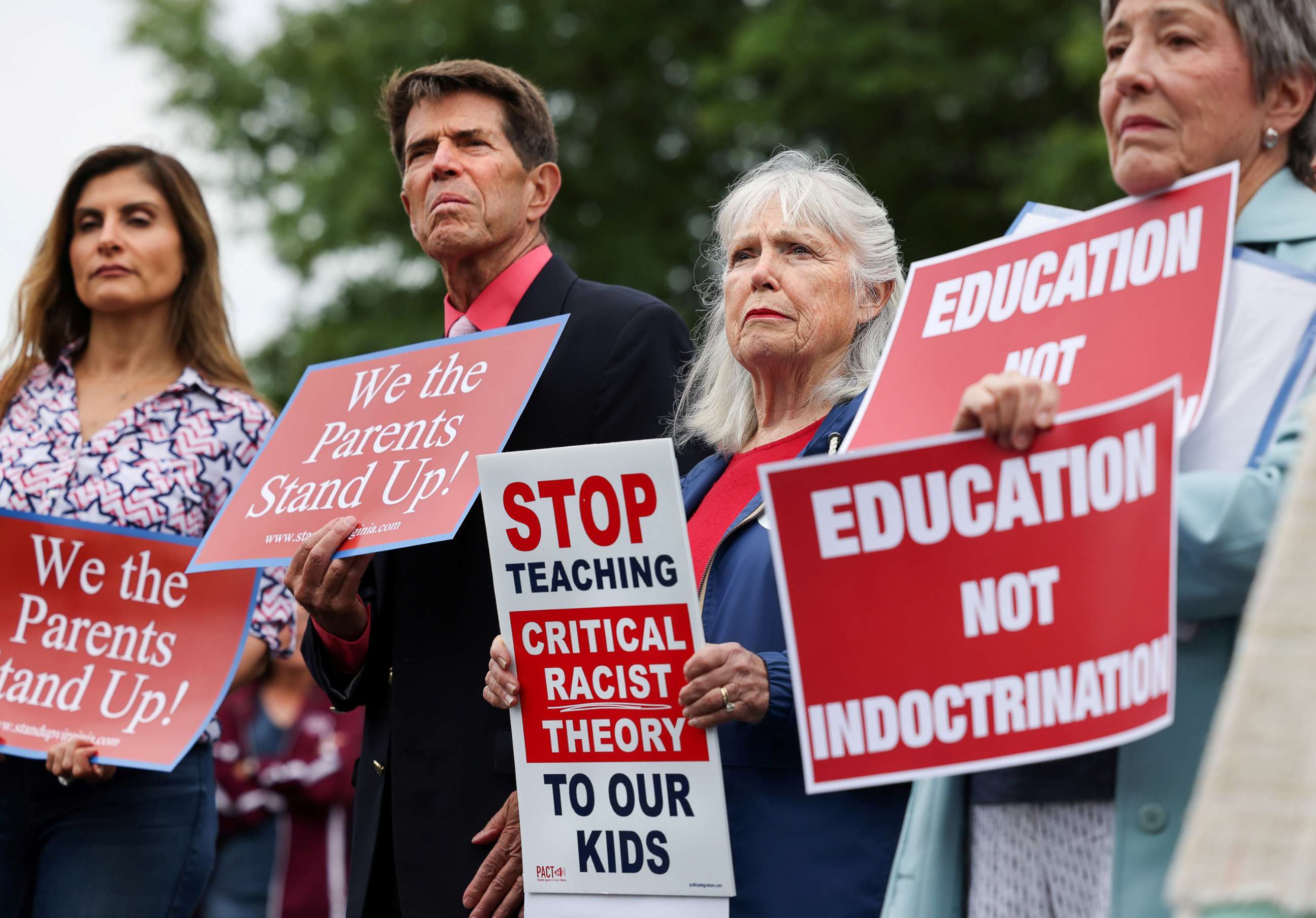 PHOTO: Opponents of Critical Race Theory protest outside of the Loudoun County School Board headquarters, in Ashburn, Va., June 22, 2021. 