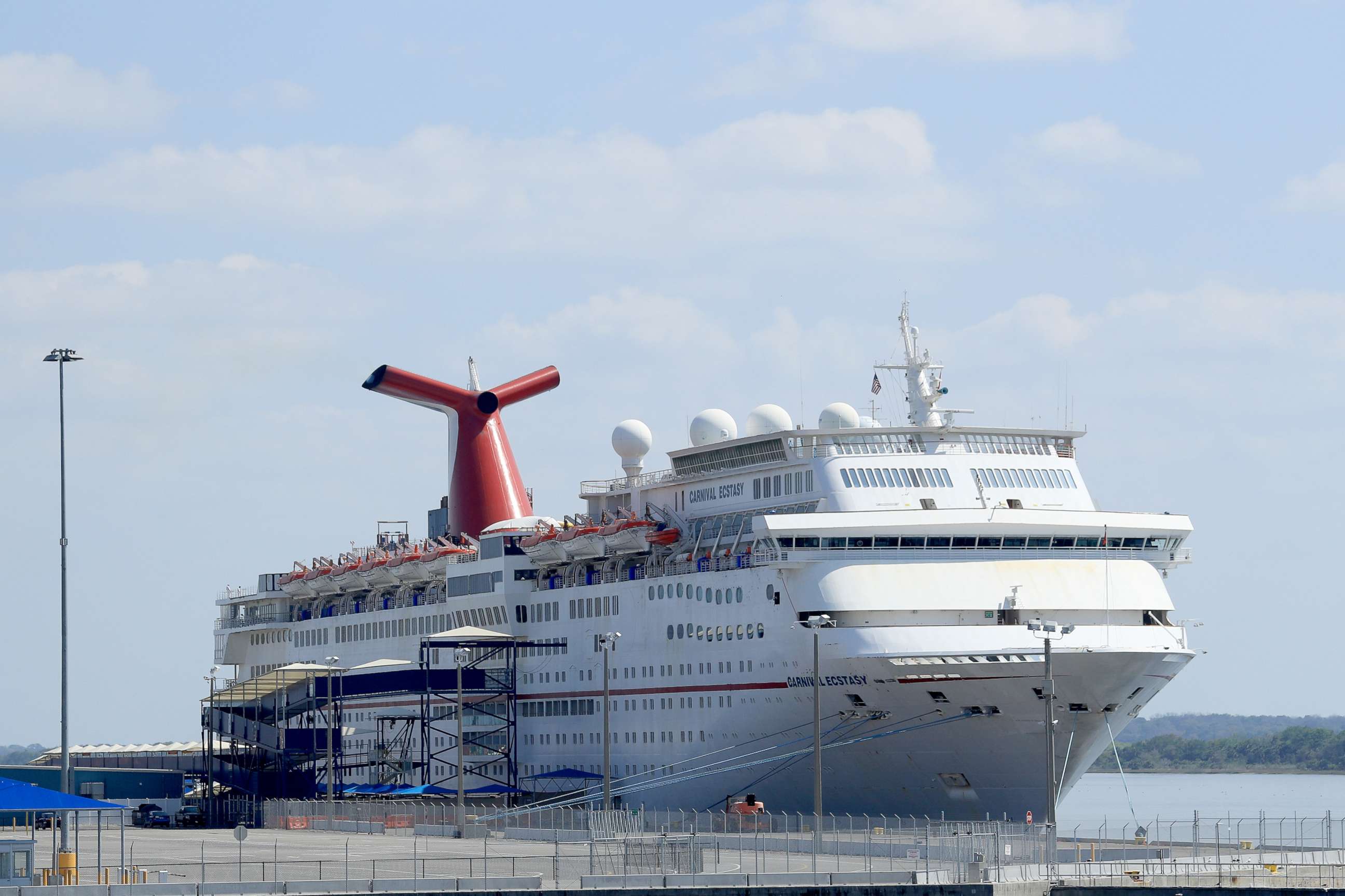 PHOTO: Carnival Cruise Line's Carnival Ecstacy cruise ship is docked at the Port of Jacksonville amid the Coronavirus outbreak on March 27, 2020 in Jacksonville, Florida.