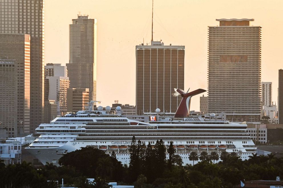 PHOTO: A docked Carnival Liberty cruise ship is seen at the Port of Miami in Miami Beach, Fla., April 14, 2021.