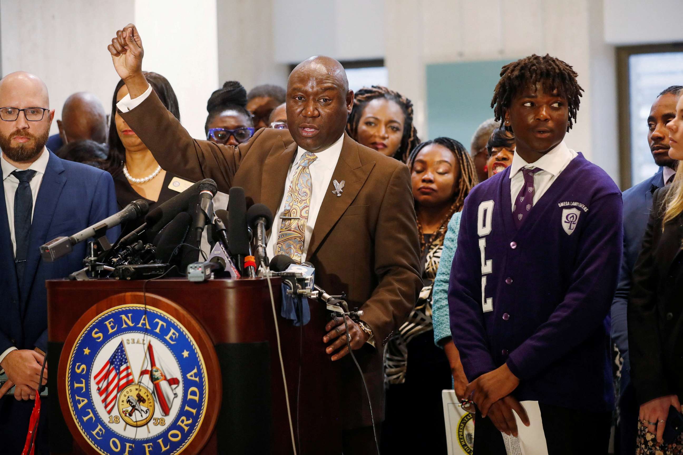 PHOTO: Civil Rights attorney Ben Crump speaks during a "Stop The Black Attack" rally against ongoing state legislation at the Florida State Capitol building in Tallahassee, Florida, January 25, 2023.