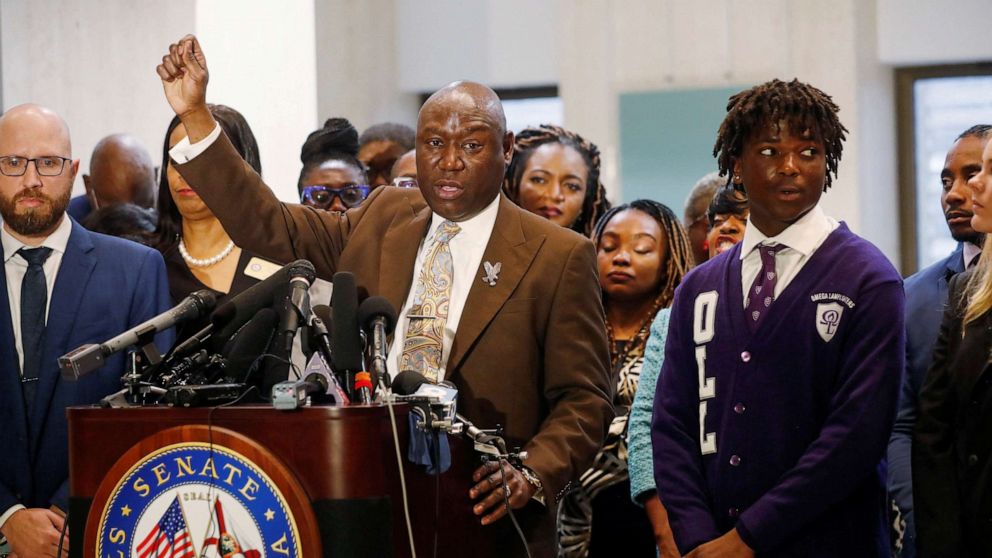 PHOTO: Civil Rights attorney Ben Crump speaks during a "Stop The Black Attack" rally against ongoing state legislation at the Florida State Capitol building in Tallahassee, Florida, January 25, 2023.