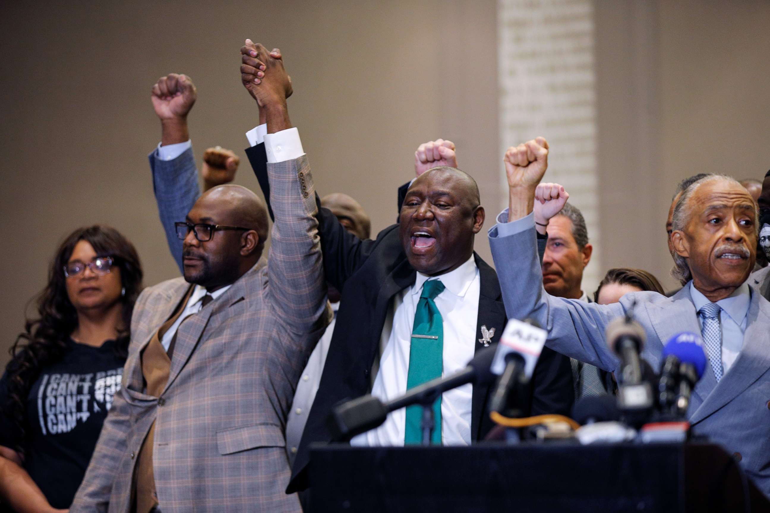 PHOTO: Reverend Al Sharpton, Attorney Ben Crump and Philonise Floyd attend a news conference following the verdict in the trial of former Minneapolis police officer Derek Chauvin, found guilty of the death of George Floyd, in Minneapolis, April 20, 2021.