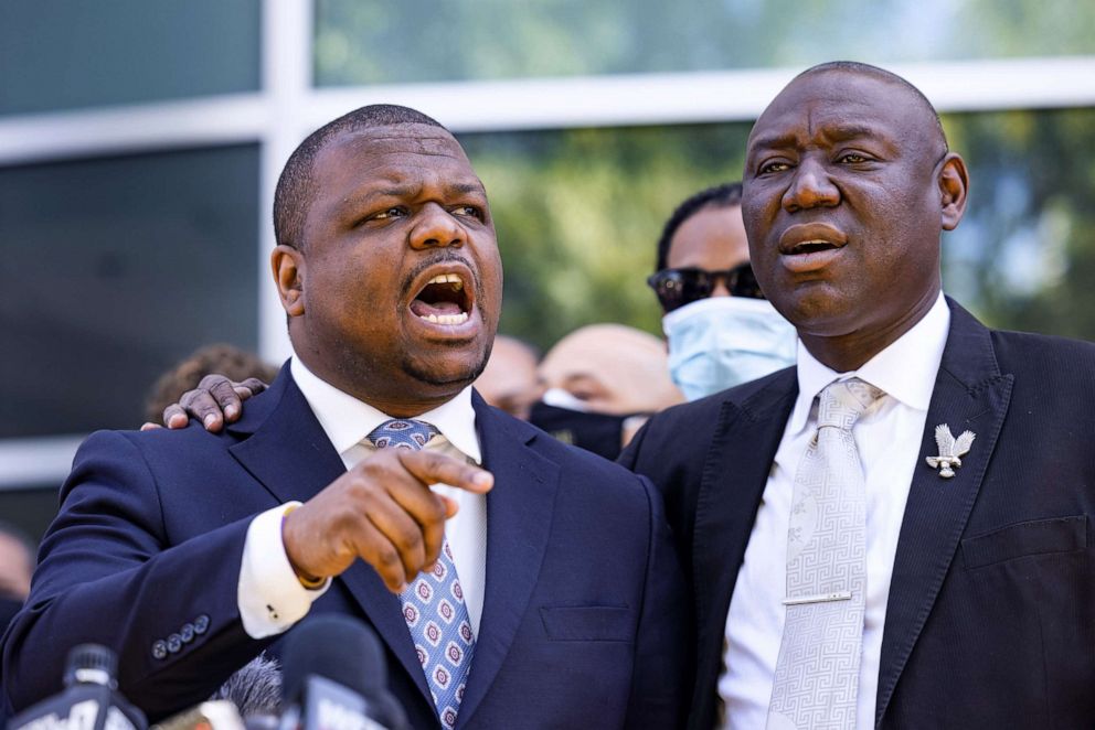 PHOTO: Attorneys Harry Daniels and Benjamin Crump, right, representing the family of Andrew Brown, speak outside the Pasquotank County Sheriff's Office in Elizabeth City, N.C., April 26, 2021.