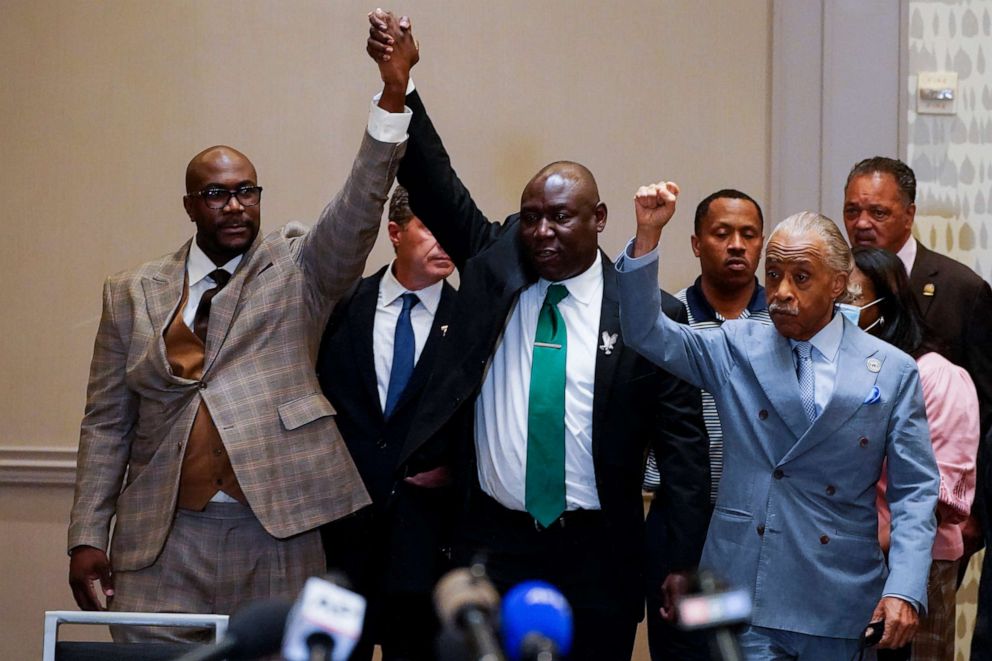 PHOTO: Philonise Floyd, Attorney Ben Crump and the Rev, Al Sharpton, from left, react after a guilty verdict was announced at the trial of former Minneapolis police Officer Derek Chauvin for the 2020 death of George Floyd, April 20, 2021.