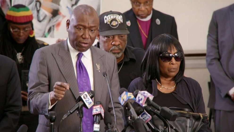 PHOTO: Attorney Ben Crump, standing with members of the family of Tyre Nichols, speaks to the press, Jan. 23, 2023, after meeting with Memphis police about what happened during a traffic stop and how it turned deadly on Jan. 7.