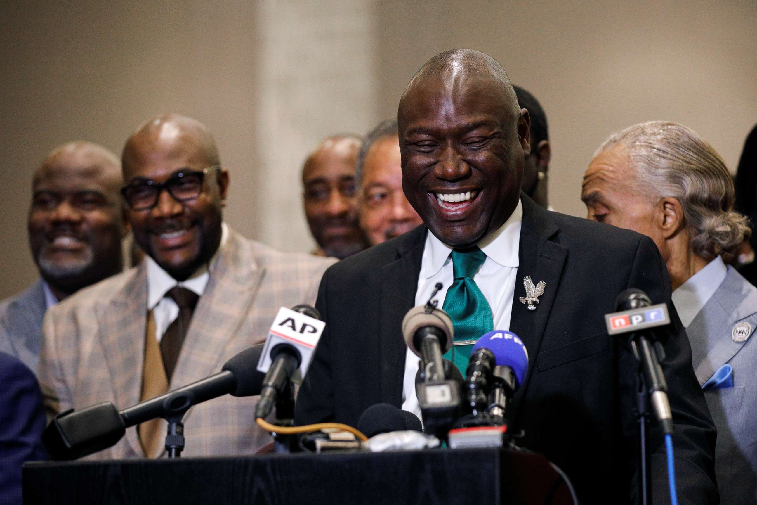 PHOTO: Floyd family attorney Ben Crump reacts as he speaks during a news conference following the verdict in the trial of former Minneapolis police officer Derek Chauvin, found guilty of the death of George Floyd, in Minneapolis, April 20, 2021.