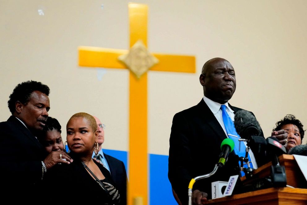PHOTO: Attorney Benjamin Crump, accompanied by the family of Ruth Whitfield, a victim of the May 4 mass shooting at a Tops supermarket, speaks with members of the media during a news conference in Buffalo, N.Y., Monday, May 16, 2022.